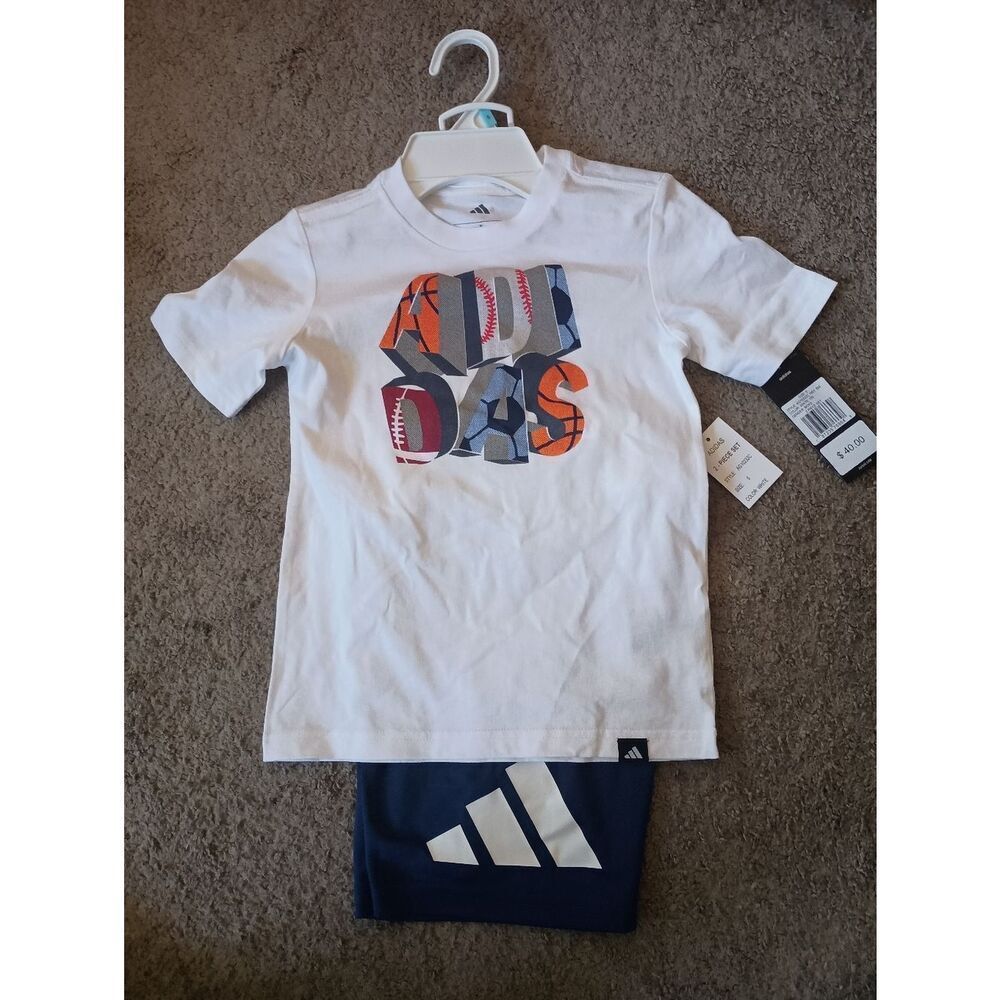 Adidas Boys Sports Short Set White/Blue Multiple Sizes  BRAND NEW WITH TAGS